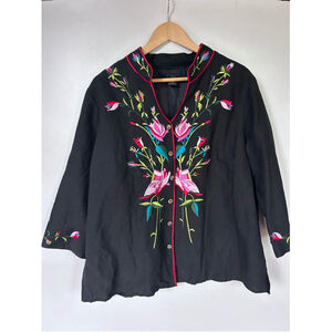 Silkland silk Button Down Top Size 2X Black Floral Embroidered jacket blazer